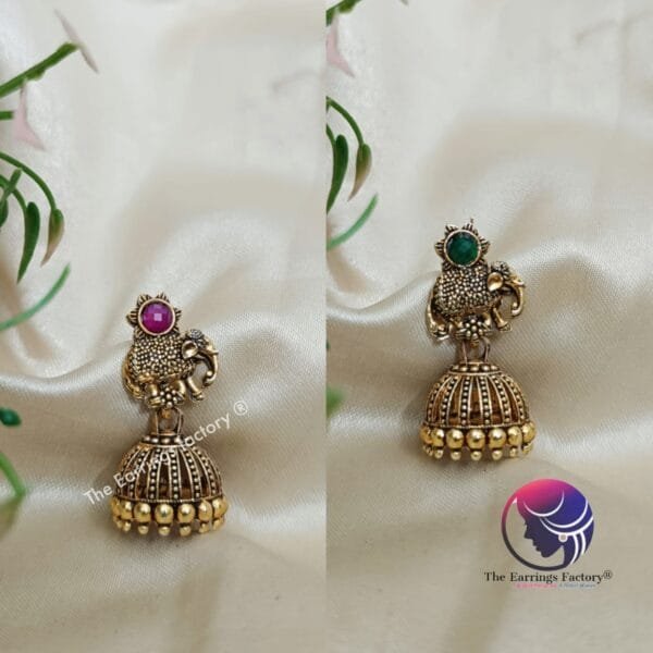 Traditional Golden Elephant Stone Jhumka - Image 2