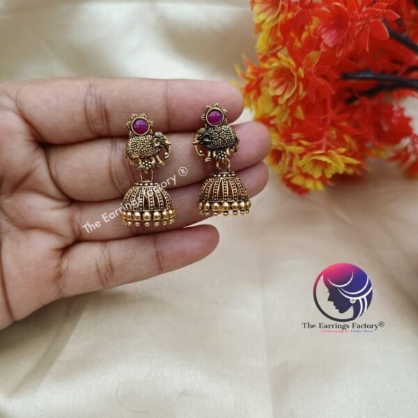 Traditional Golden Elephant Stone Jhumka - Image 3