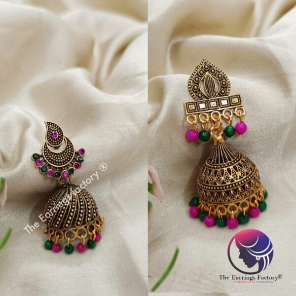 Traditional Multi Colour Beads Golden Jhumka - Image 2