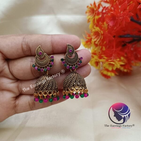 Traditional Multi Colour Beads Golden Jhumka - Image 4