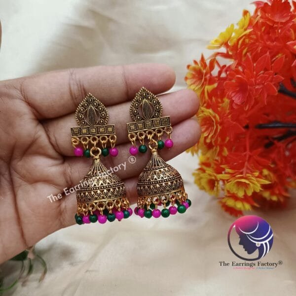 Traditional Multi Colour Beads Golden Jhumka - Image 3
