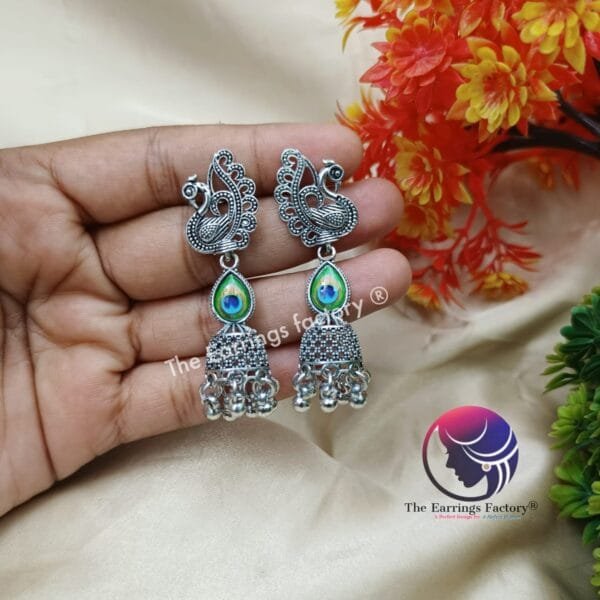 Trending Peacock Silver Jhumka - Image 3