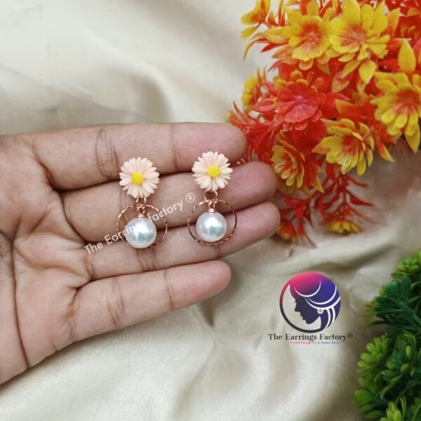 Western Floral Pearl Drop Rose Gold Ring Earrings - Image 3