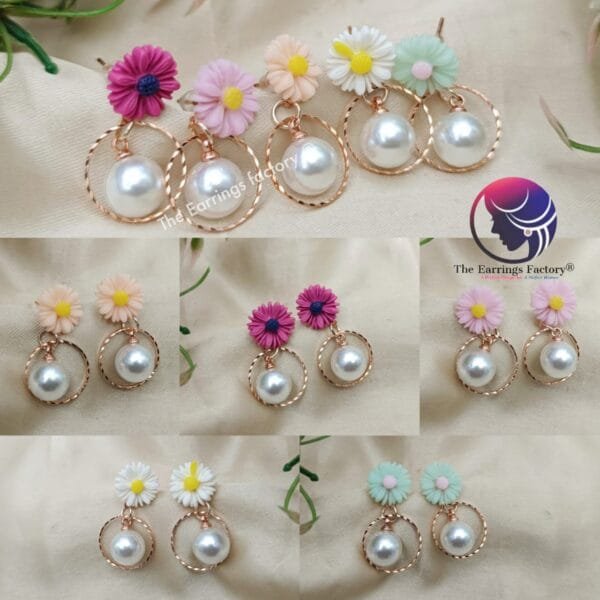 Western Floral Pearl Drop Rose Gold Ring Earrings