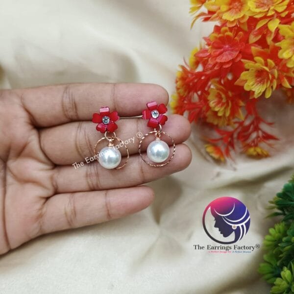 Western Floral Pearl Drop Rose Gold Ring Earrings - Image 3