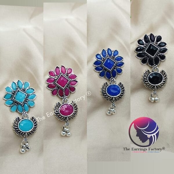 Trending Oxidized Silver Floral Stone Drop Earrings - Image 2