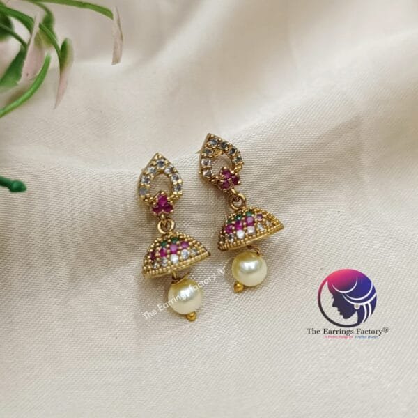 Traditional Golden Multi Stone Mini Jhumka - Image 4