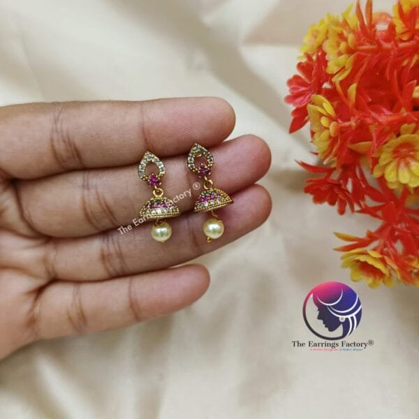 Traditional Golden Multi Stone Mini Jhumka - Image 2