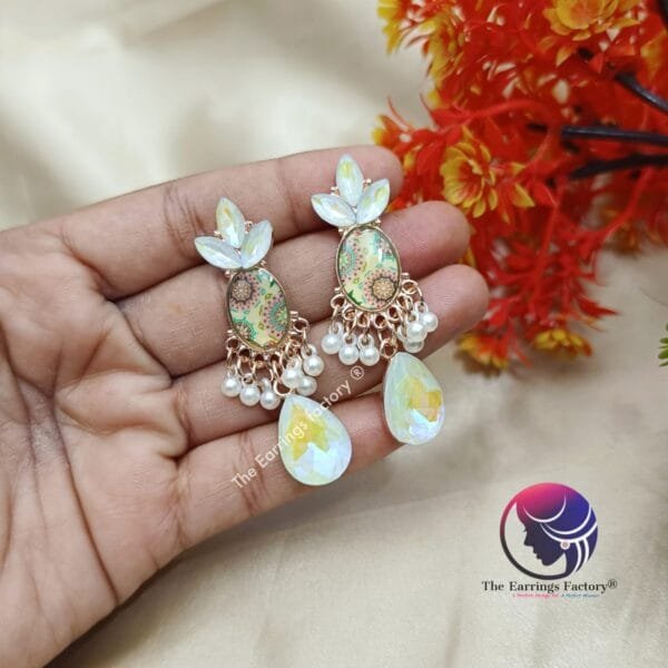 Premium Western Mandala Resin Arts Floral Crystal Stone Drop Earrings - Image 3