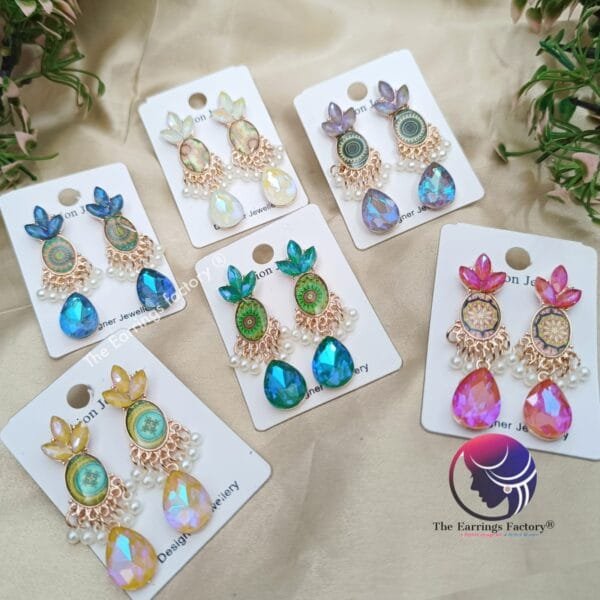 Premium Western Mandala Resin Arts Floral Crystal Stone Drop Earrings
