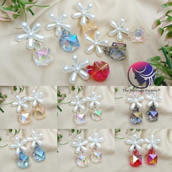 Western White Pearl Floral Holographic Crystal Drop Earrings