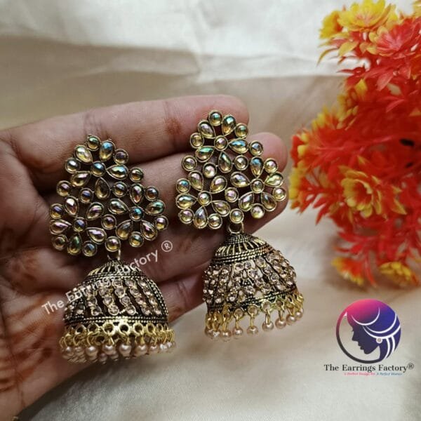 Traditional Weightless Golden Stone Jhumka - Image 3