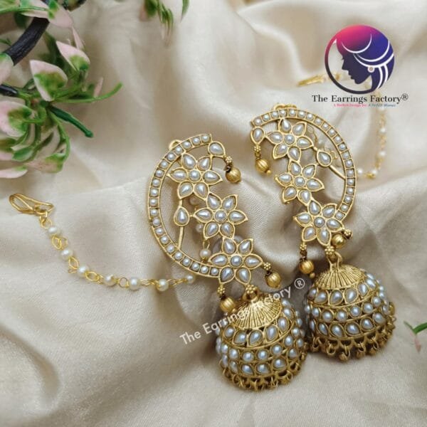 Traditional Antique Pearl Ear Cuff Jhumka With Ear chain - Image 4