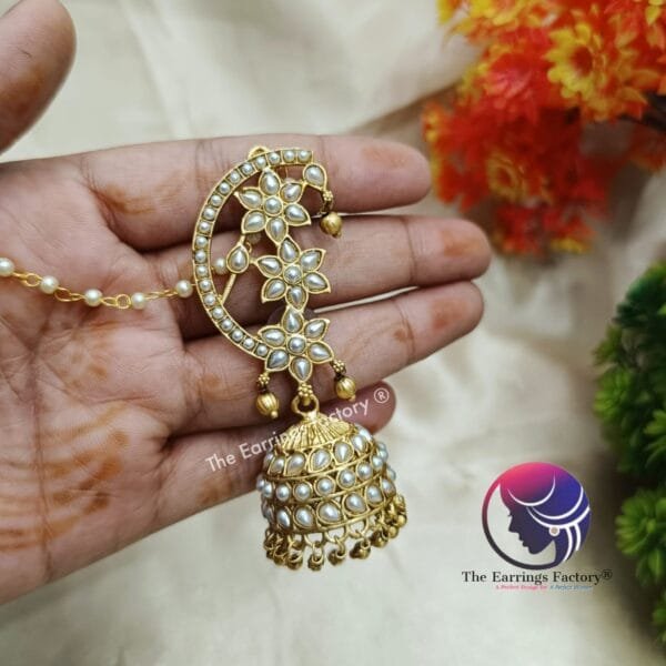 Traditional Antique Pearl Ear Cuff Jhumka With Ear chain - Image 3