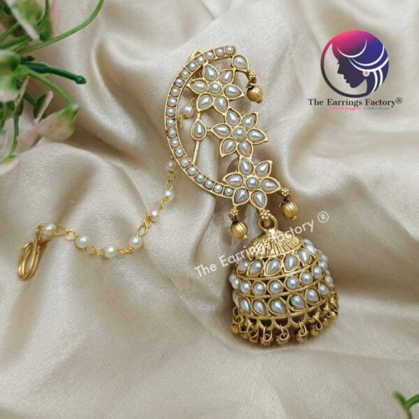 Traditional Antique Pearl Ear Cuff Jhumka With Ear chain - Image 2