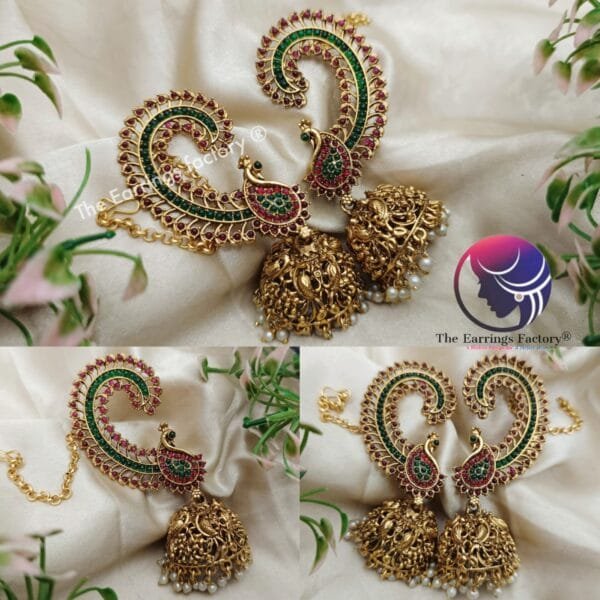 Traditional Antique Peacock Ear Cuff Jhumka With Ear Chain