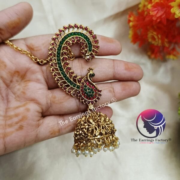 Traditional Antique Peacock Ear Cuff Jhumka With Ear Chain - Image 2
