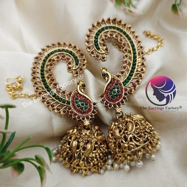 Traditional Antique Peacock Ear Cuff Jhumka With Ear Chain - Image 4