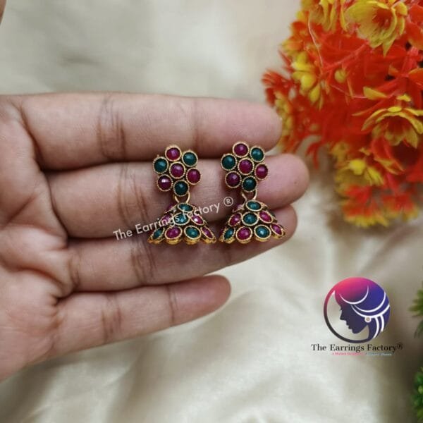 Traditional Multi Stone Silver | Golden Jhumka - Image 3