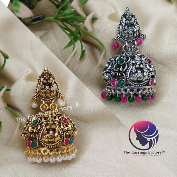 Traditional Lakshmi Golden | Silver Temple Jhumka - Image 2