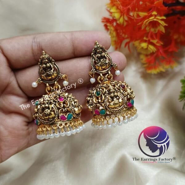 Traditional Lakshmi Golden | Silver Temple Jhumka - Image 3