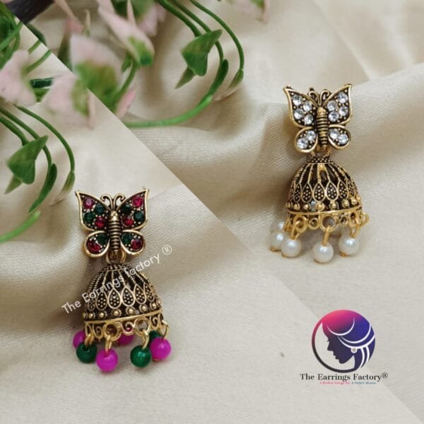 Traditional Golden Butterfly Stone Jhumka - Image 2