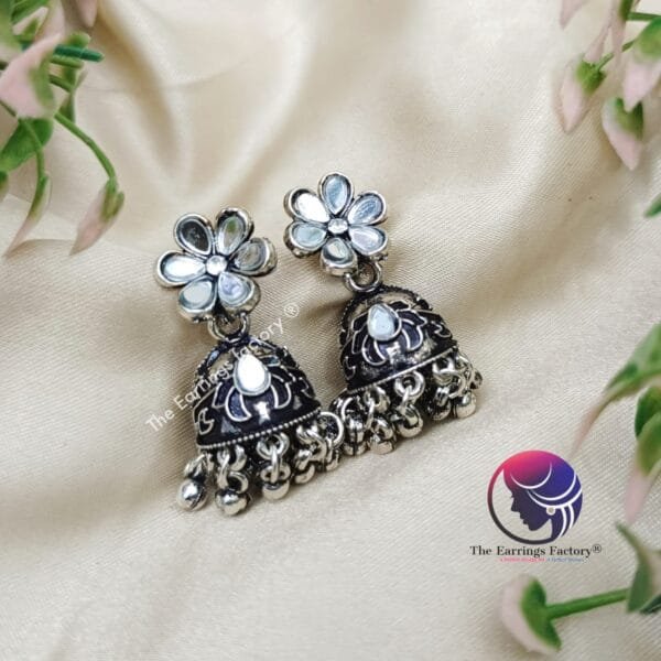 Trending Floral Stone Silver Jhumka - Image 4