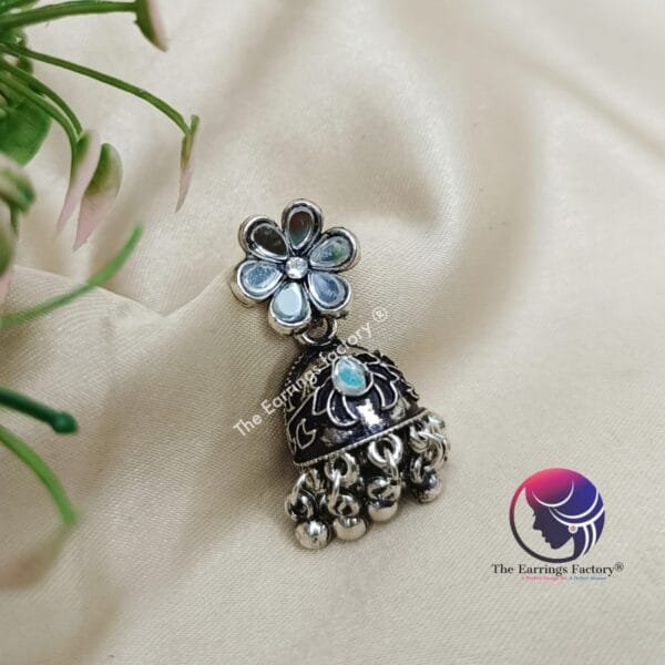 Trending Floral Stone Silver Jhumka - Image 3