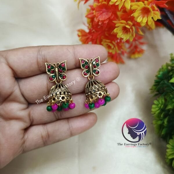 Traditional Golden Butterfly Stone Jhumka - Image 3