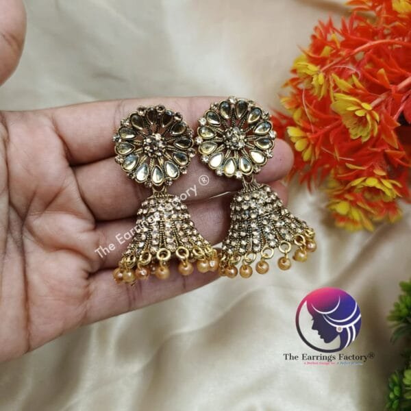 Traditional Weightless Golden Stone Jhumka - Image 2