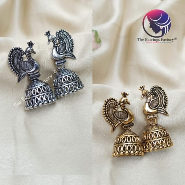 Trending Silver | Golden Peacock Jhumka - Image 2
