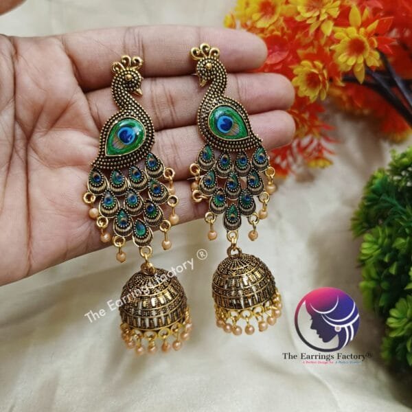 Traditional Golden Peacock Long Jhumka - Image 2