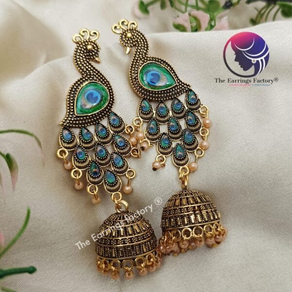 Traditional Golden Peacock Long Jhumka - Image 4