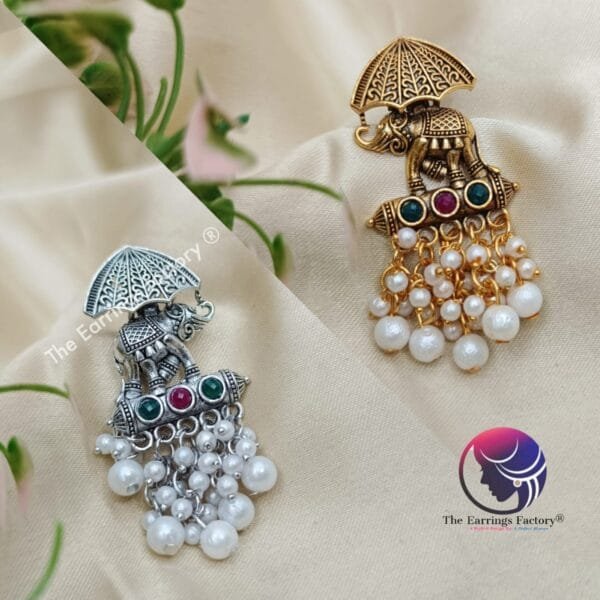 Traditional Golden | Silver Pearl Beads Elephant Studs - Image 2
