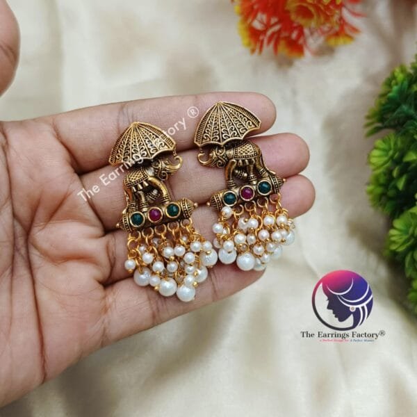 Traditional Golden | Silver Pearl Beads Elephant Studs - Image 3