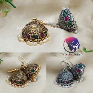 Traditional Multi Stone Silver / Golden Hook Jhumka