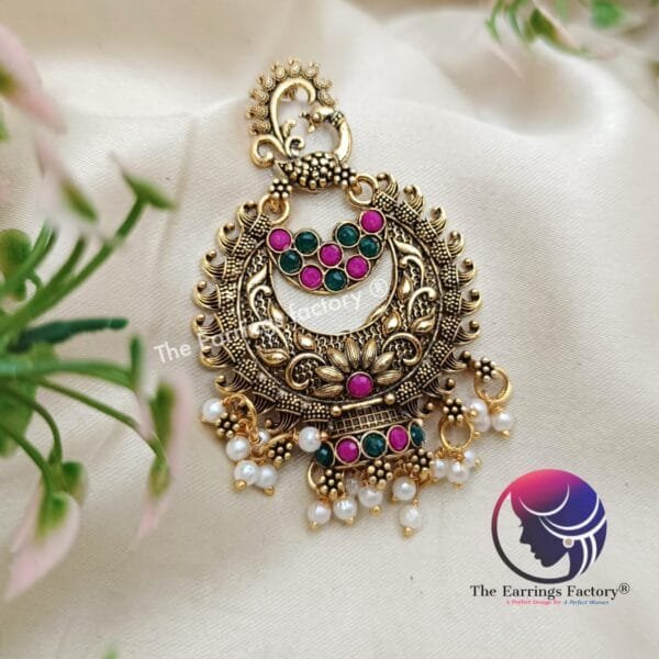 Traditional Golden Peacock Multi Stone Big Stud Earrings - Image 2