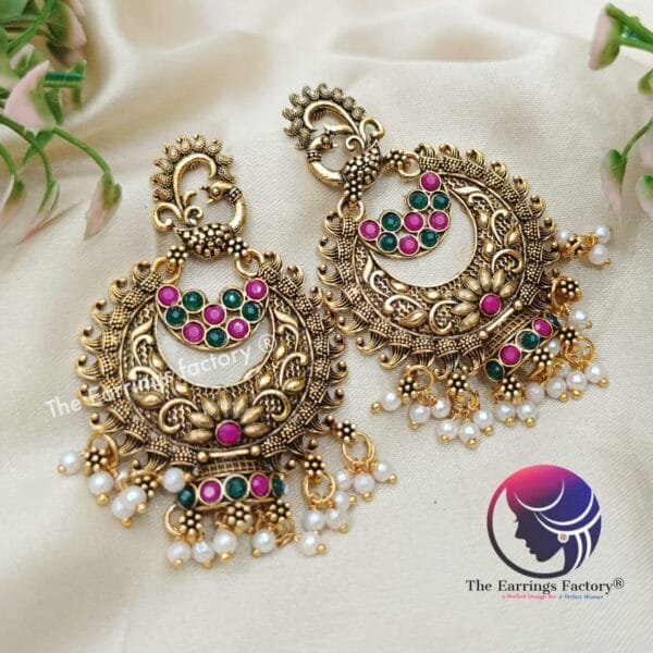 Traditional Golden Peacock Multi Stone Big Stud Earrings - Image 4