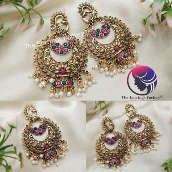 Traditional Golden Peacock Multi Stone Big Stud Earrings