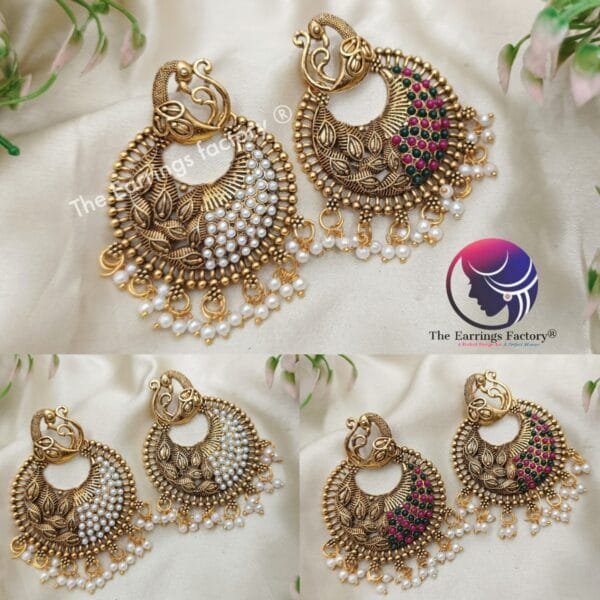 Traditional Golden Peacock Multi Stone | Pearl Big Stud Earrings