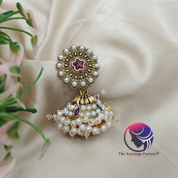 Traditional Golden White Pearl jhumka - Image 3