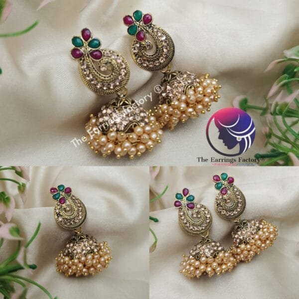 Traditional Golden Multi Stone Peacock Pearl Jhumka