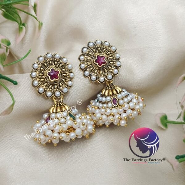 Traditional Golden White Pearl jhumka - Image 4