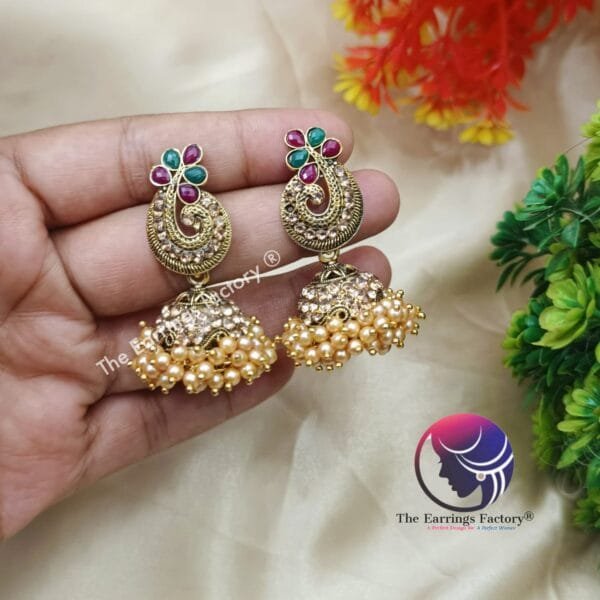 Traditional Golden Multi Stone Peacock Pearl Jhumka - Image 2