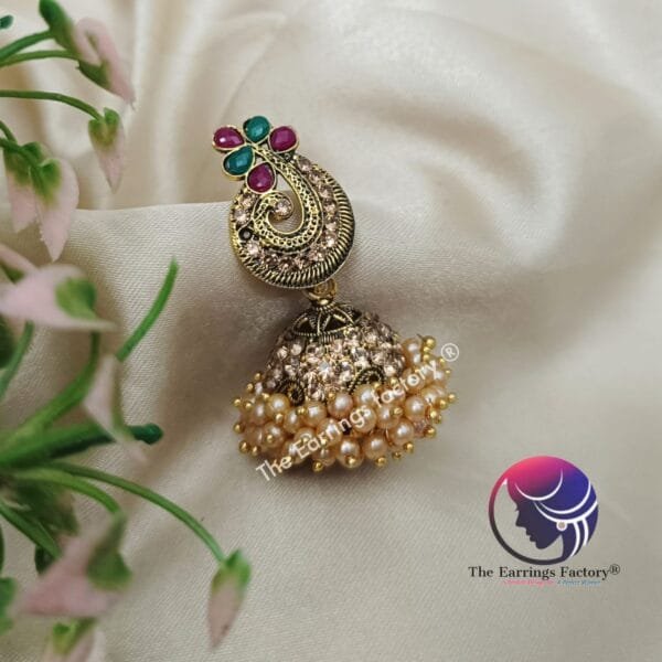 Traditional Golden Multi Stone Peacock Pearl Jhumka - Image 3