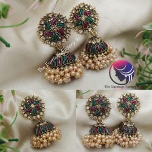 Traditional Golden Multi Stone Pearl jhumka
