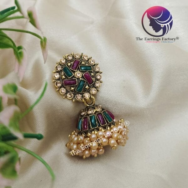 Traditional Golden Multi Stone Pearl jhumka - Image 2