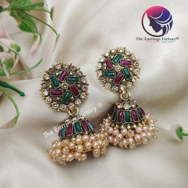 Traditional Golden Multi Stone Pearl jhumka - Image 3