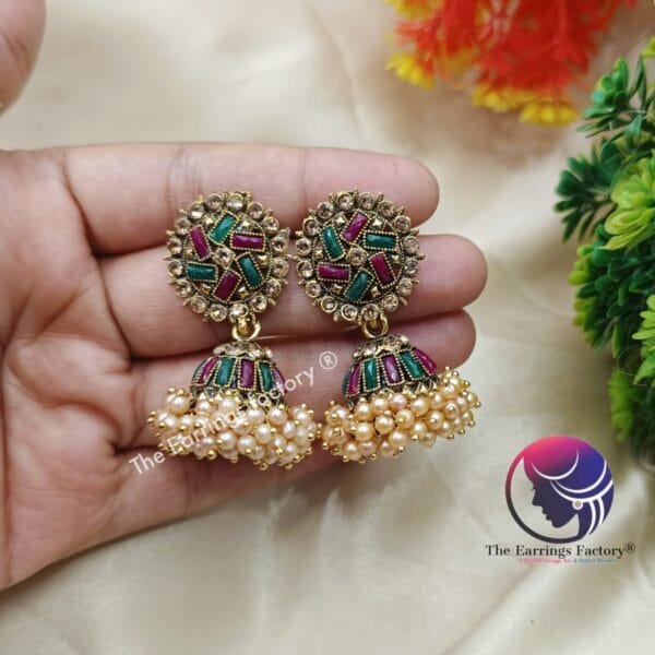 Traditional Golden Multi Stone Pearl jhumka - Image 4