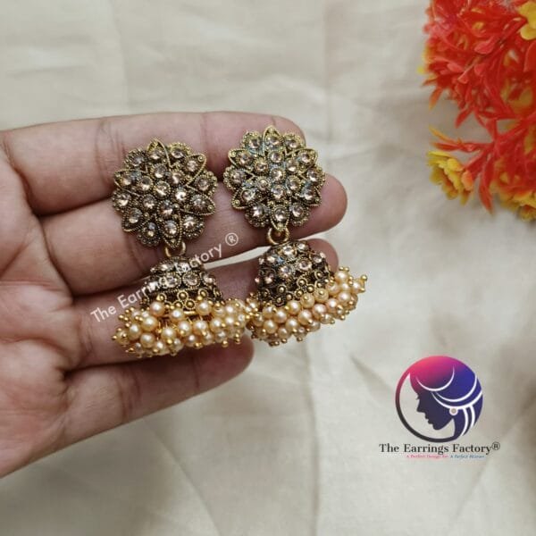 Traditional Golden Stone Pearl jhumka - Image 4